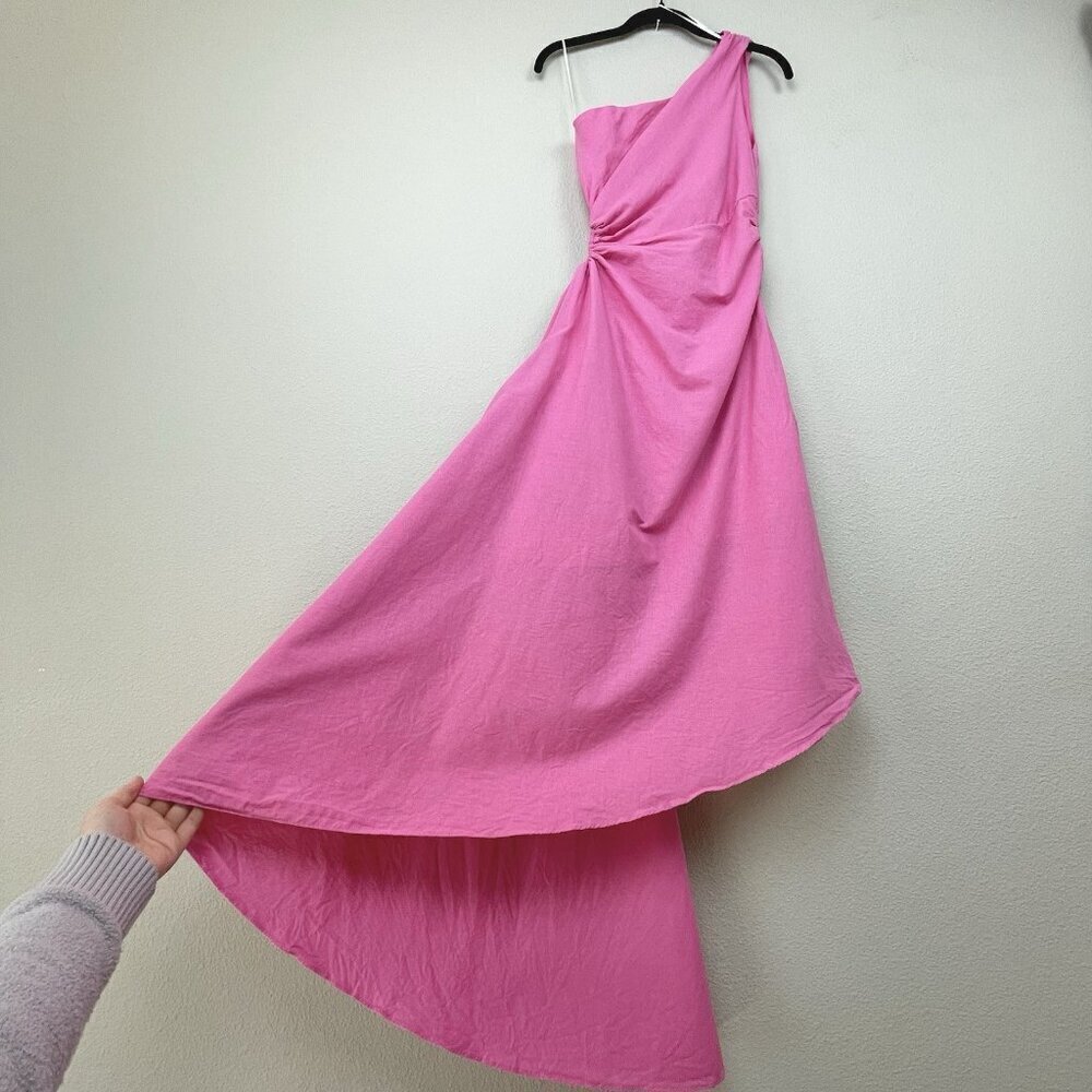 Aakaa Women's Small Bubblegum Pink One Shoulder Asymmetric Gown Linen Cut Out - Picture 9 of 16